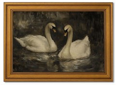 Vintage Gold Framed Swan Canvas Wall Art, Lake Swans Couple Painting Picture …