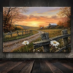 Autumn Farm Barn Daisy Sunset Oil Framed Canvas, Rustic Country Wall Decor