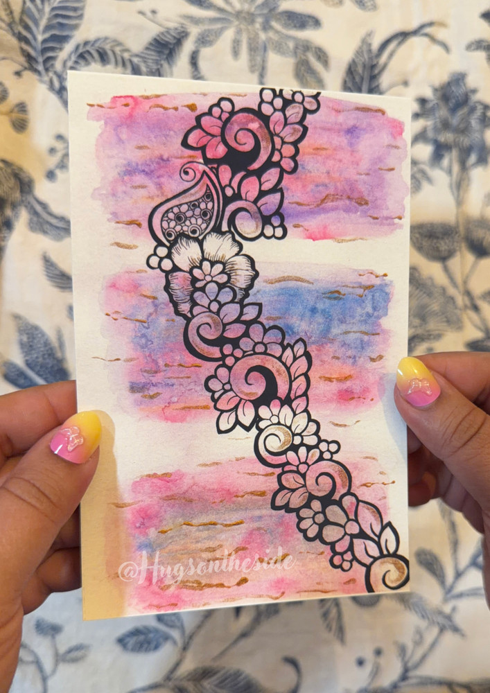 Original Henna Inspired Watercolor Floral Art Print – Set of 5 – Size 4×6
