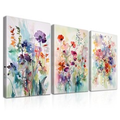 3Pcs Framed Watercolor Flower Wall Art Decor Modern Wildflower Prints, Colorf…