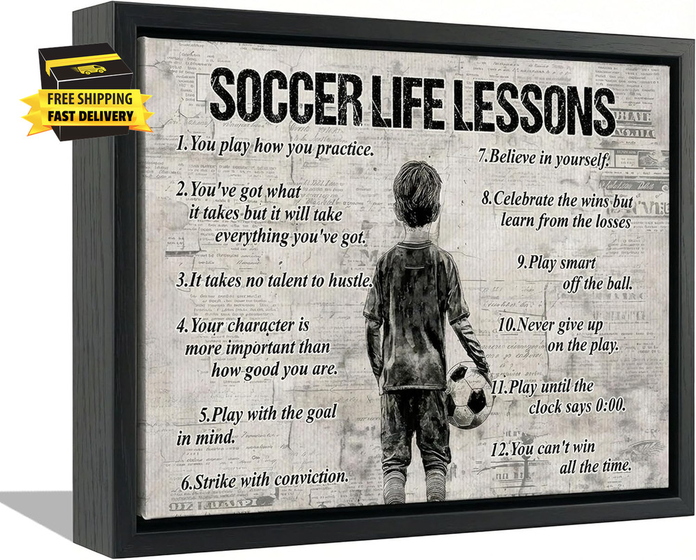 Black Framed Boy Soccer Canvas Wall Art Kid Soccer Life Lessons Wall Decor Pictu