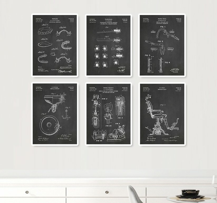 Wall Art Decor Vintage Patent Prints Industrial Dentist Dentistry 6 Print set