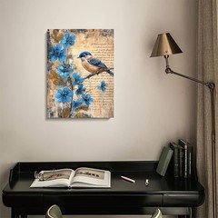 Canvas Art Framed Blue Bird Blue Flower Old Letter Vintage Textured Wall Decor