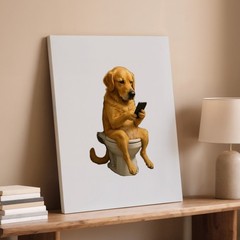 Funny Dog Sitting On Toilet Using Phone Canvas Wall Art Animal Humor Decor Print