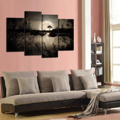 Big Moon Over Lake Canvas Art – 4 Piece Modern Landscape Wall Decor