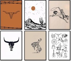 Vintage Western Cowboy Poster Set of 6, Southwestern Wall Art Longhorn Bull Skul