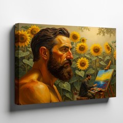 Rustic Canvas Wall Art Featuring Bearded Man with Sunflowers and Painter Scene