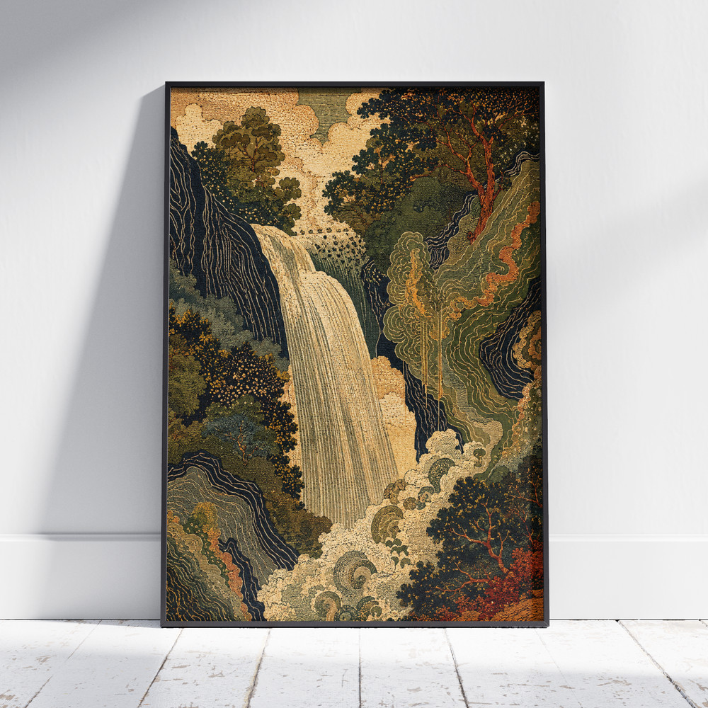 Waterfall Mountain Poster Asian Vintage Ink Drawing Wall Art Zen Decor Room Gift