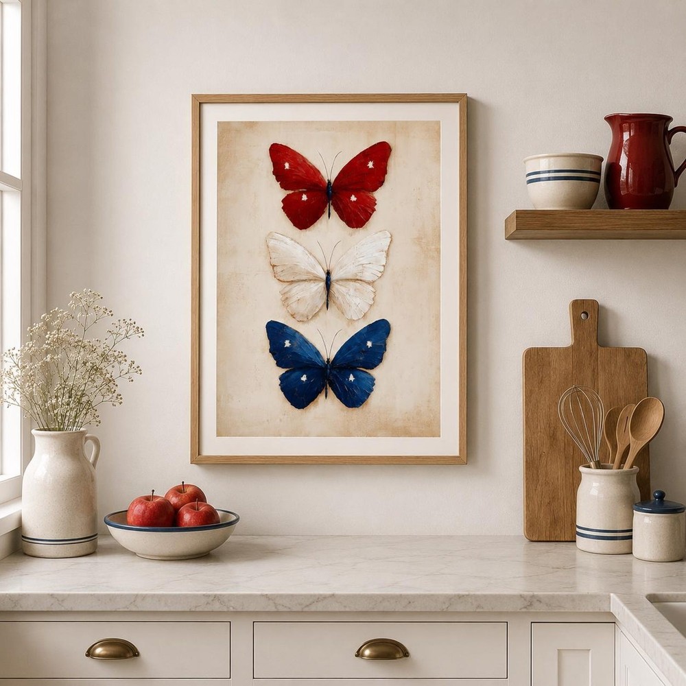Patriotic Butterfly Trio Print, Red White Blue Americana Wall Art, 4th of July