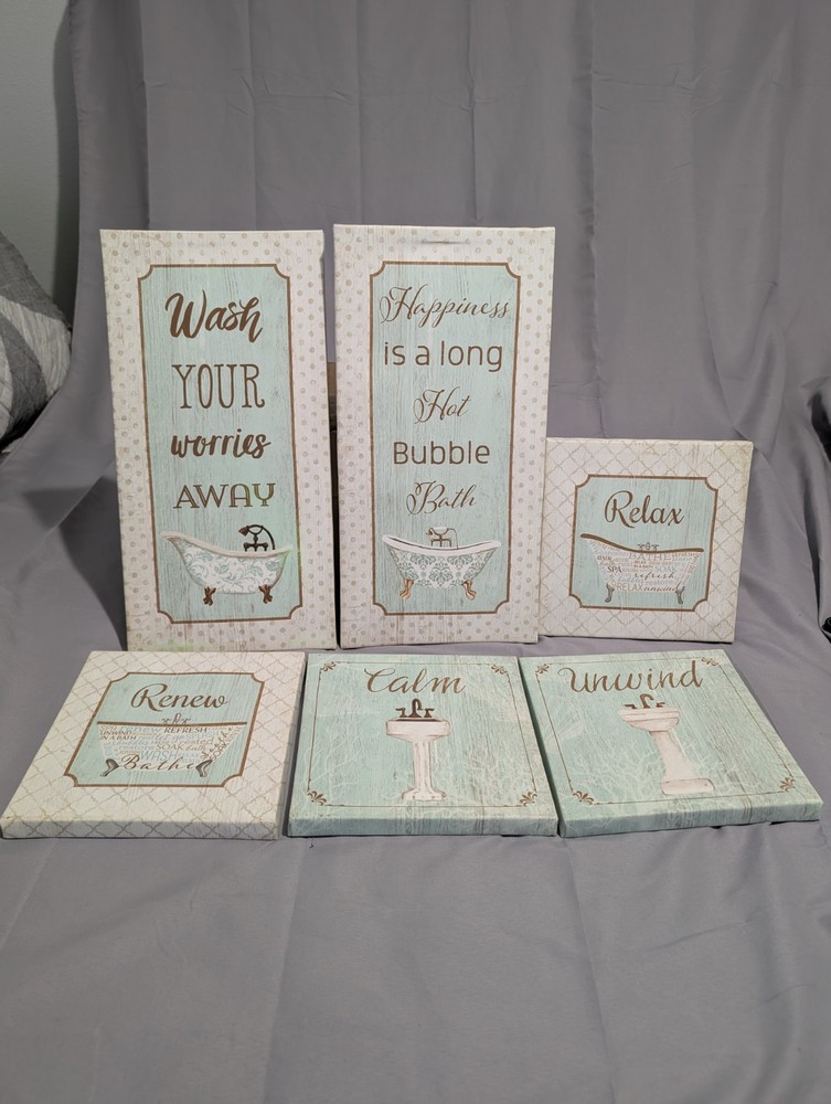 6-Piece Bathroom Wall Art Set Spa Decor Aqua Cream Farmhouse Cottage