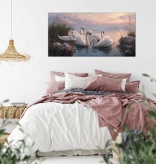 White Swan Canvas Print Panoramic Lake Oil Painting Style Pink Sunset Wall Art