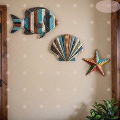 Coastal Style 3PCS Wooden Wall Decor Set Combining Sea Fish Shells and Starfish