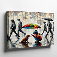 Child with Colorful Umbrella Protecting Dog in Rainy Urban Street Canvas Art