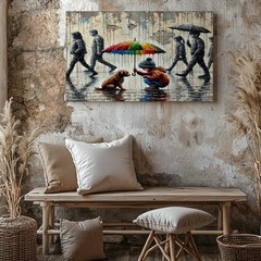 Child with Colorful Umbrella Protecting Dog in Rainy Urban Street Canvas Art