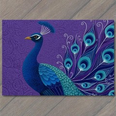 Art Print Peacock Purple Teal Feather Fan Tail Pattern Ornate Bird Crest