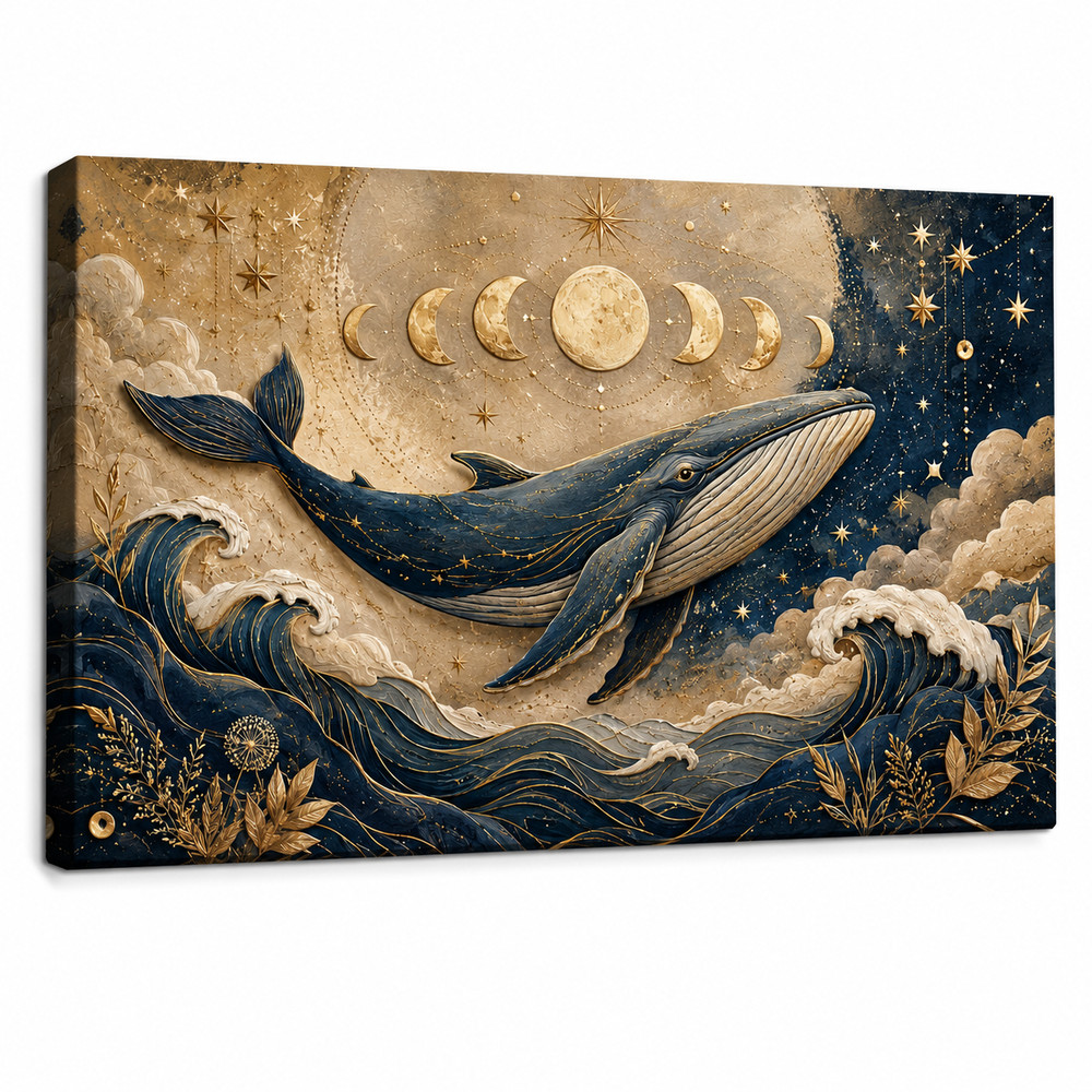 Celestial Whale Canvas Wall Art Moon Phase Ocean Nautical Blue Gold Wall Decor