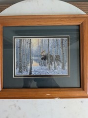 VTG Framed Moose Winter Forest Print Cabin Lodge Wall Art Rustic Wildlife Decor