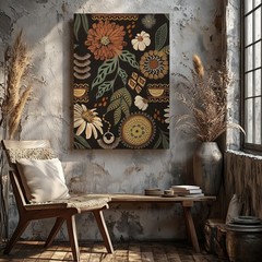 Boho Floral Canvas Wall Art Earth Tone Daisy Leaves Decorative Home Decor Print