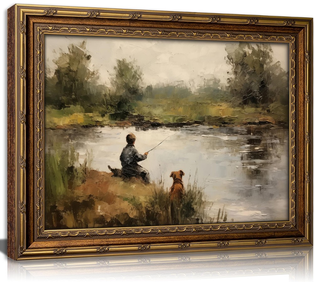 Vintage Gold Framed Boy Fishing Oil Painting Print 12x16in Farmhouse Art