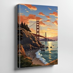 Golden Gate Bridge Sunset Canvas Wall Art Coastal Landscape Canvas Print Home