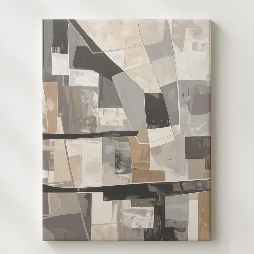 Muted Geometric Canvasabstract Patchwork In Gray, Beige, And Taupe Wall Art