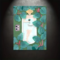 Framed Canvas Top View Woman Bathing Green Leaf Boho Bathroom Decor
