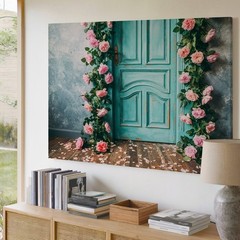 Weathered Turquoise Door Stands Prominently Against A Backdrop Of A Wall Art