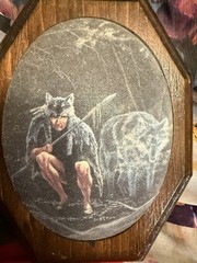 Vintage Native American Style Hunter & Wolf Plaque Rustic Wood Art Cabin Decor