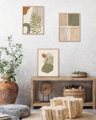 Natural OAK Wood Abstract Geometric Framed Wall Art,12x16in Neutral Green Bei…
