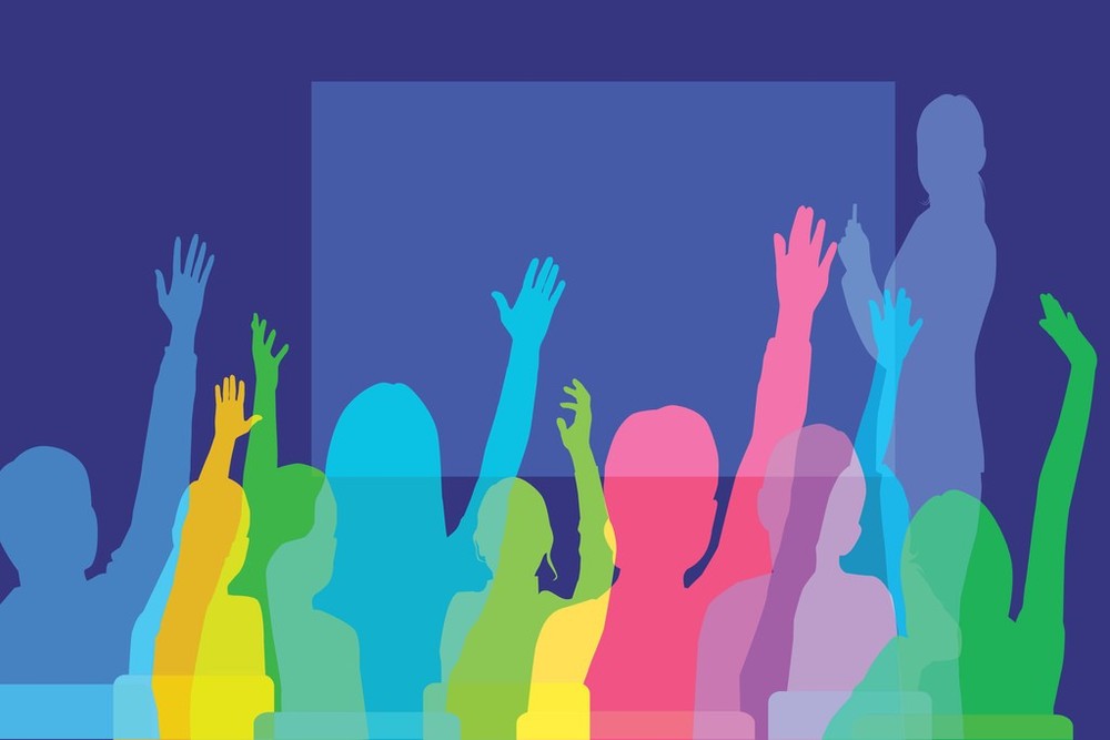 School Children Raising Hands In Classroom Colorful Graphic Poster 18×12