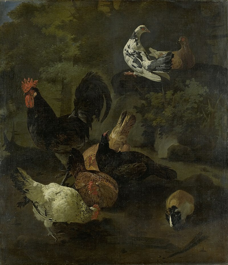 oil painting » A rooster with four chickens, two pigeons and a marmot «