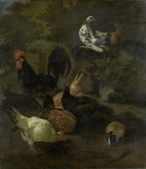 oil painting » A rooster with four chickens, two pigeons and a marmot «