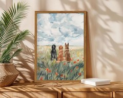 Framed Dog Canvas Wall Art, Cute Three Dogs in Flower Field Pictures Wall Dec…