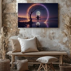 Surreal Moonlight Swing Canvas Wall Art Mystical Tree and Water Reflection Print