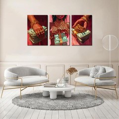 3Pcs Black Girl Canvas Wall Art Red Black Money Wall Decor Pictures Modern Pi…