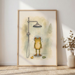 Whimsical Frog Shower Poster Cute Watercolor Bathroom Wall Art Print Decor