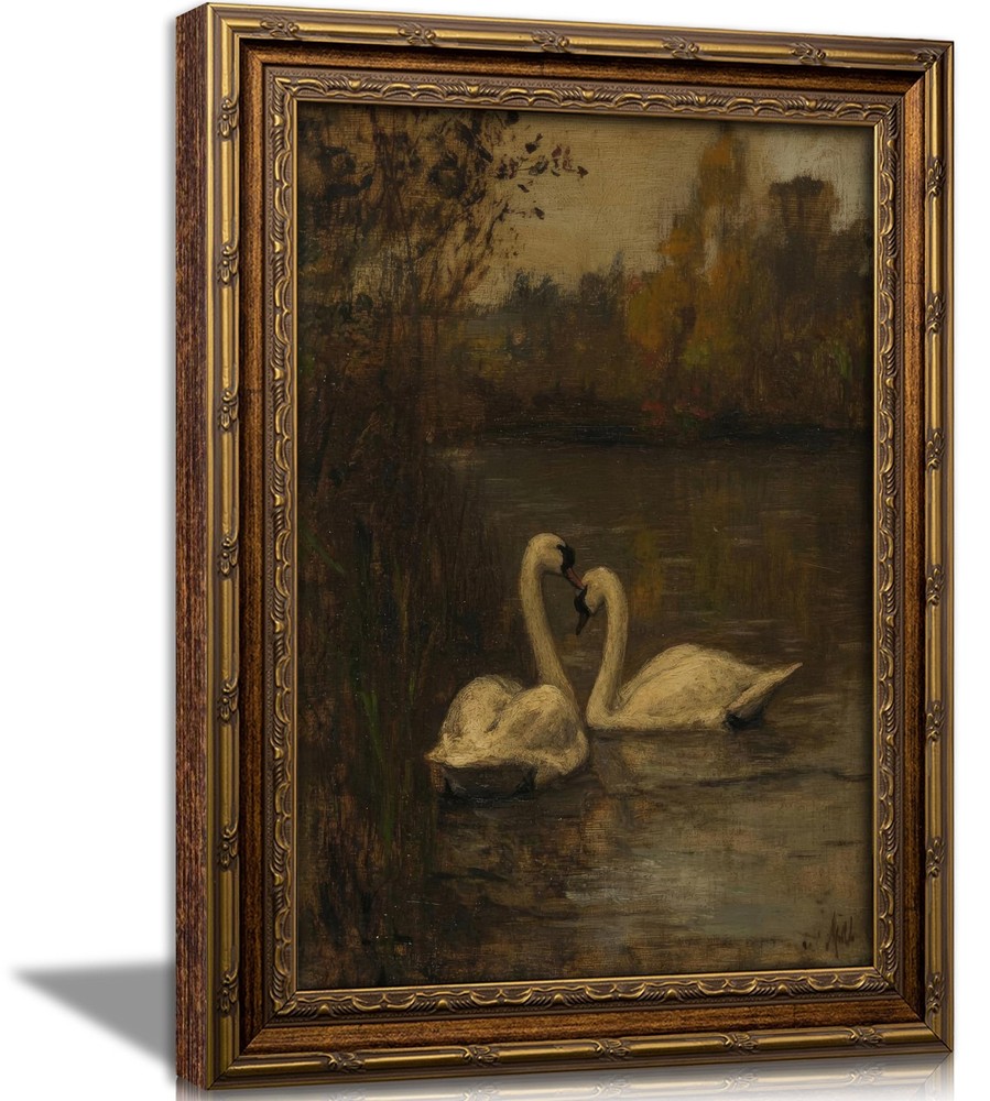 Vintage Gold Framed Swans Wall Art Antique Romantic Swan Lake Cottagecore Pai…
