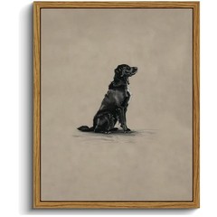 Vintage Framed Black Dog Painting, Minimalist Art