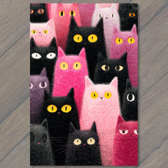 Art Print Pink Black Orange Cats Yellow Eyes Cute Feline Crowd Artwork