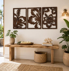 3-Piece Framed Wood Wall Art Panels Hibiscus Floral Botanical Horizontal Brown