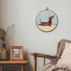 Vintage Dachshund Dog Wall Art Decor, Retro Wiener Dog Canvas Print Round Wal…