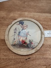Antique Circular Domed Picture of Child with Flowers and Cardboard Frame 7″ Wide