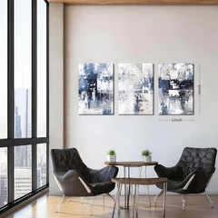 Abstract Blue and White Wall Art Set of 3, Modern Simple Navy Framed Canvas P…