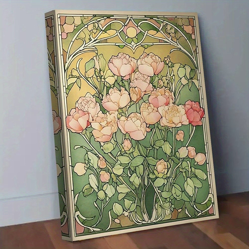 Art Nouveau Pink Roses Floral Canvas Wall Art, Vintage Botanical Decor
