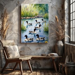 Duck Pond Canvas Wall Art With Colorful Flowers Nature Scene Print Home Decor