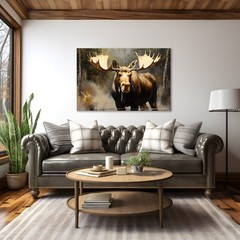 Moose Painting Print Framed Canvas Wall Art Wildlife Animals Modern Rustic Cabin