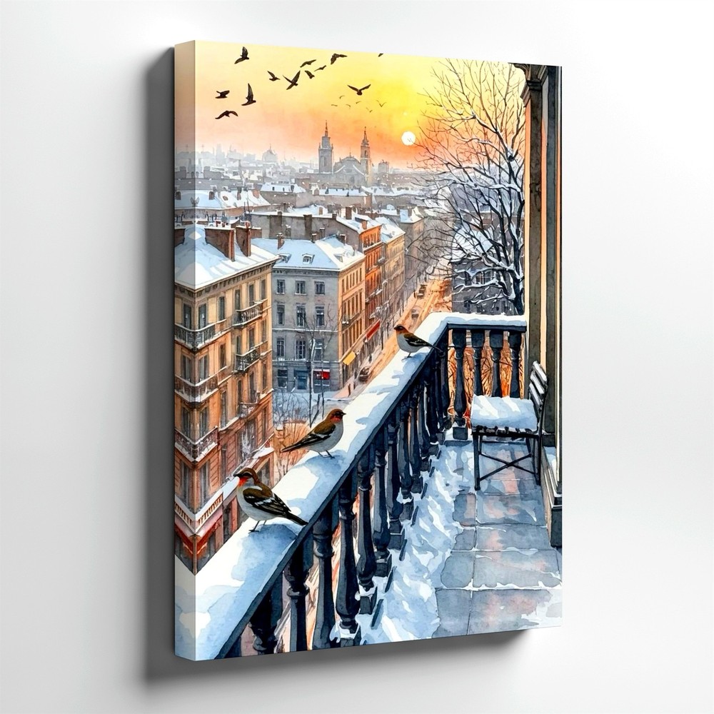 Wall Art Winter City Street Oil Painting Snowy Town Reflection Landscape Decor