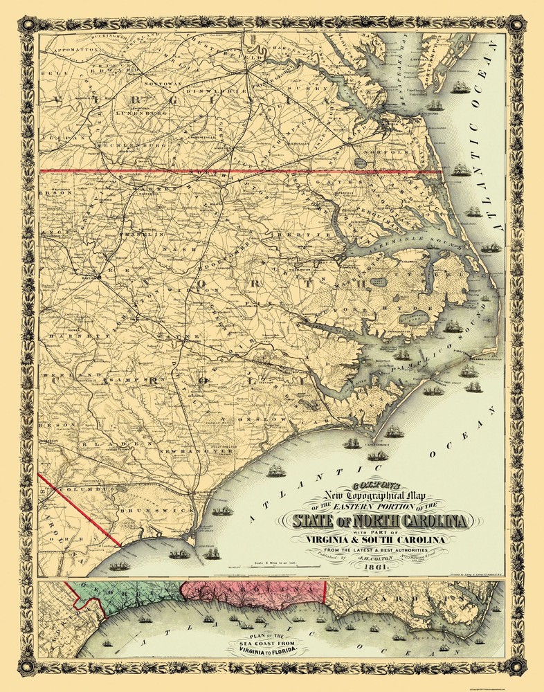Historic State Map – North Carolina Eastern Portion – Colton 1861 – Vintage