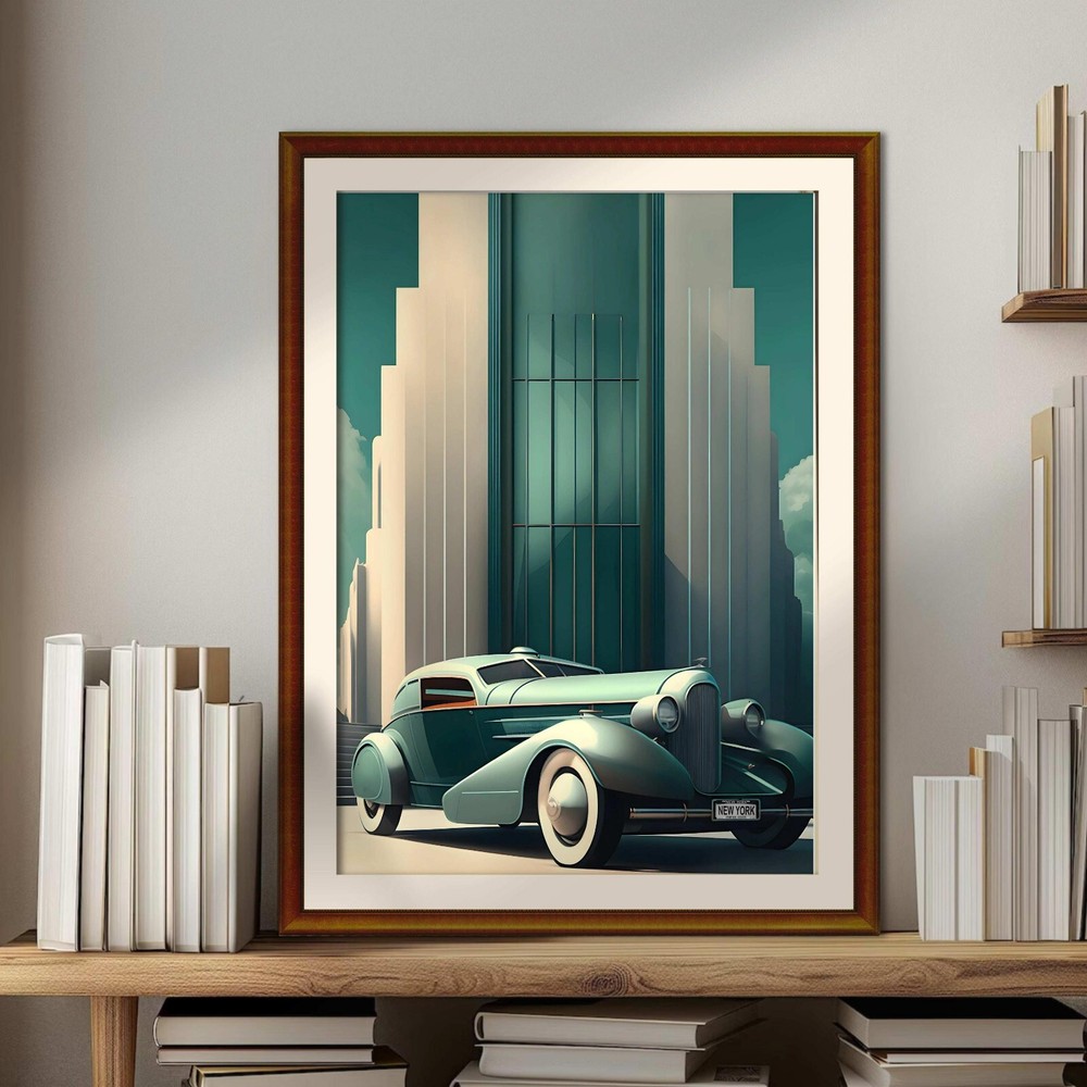 Vintage Car Art Deco Wall Art, Vintage Luxury Green Car Wall Art Poster.