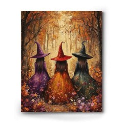 ART Halloween Wall Vintage Three Witches w/ Broom Witchy Canvas Painting Poster